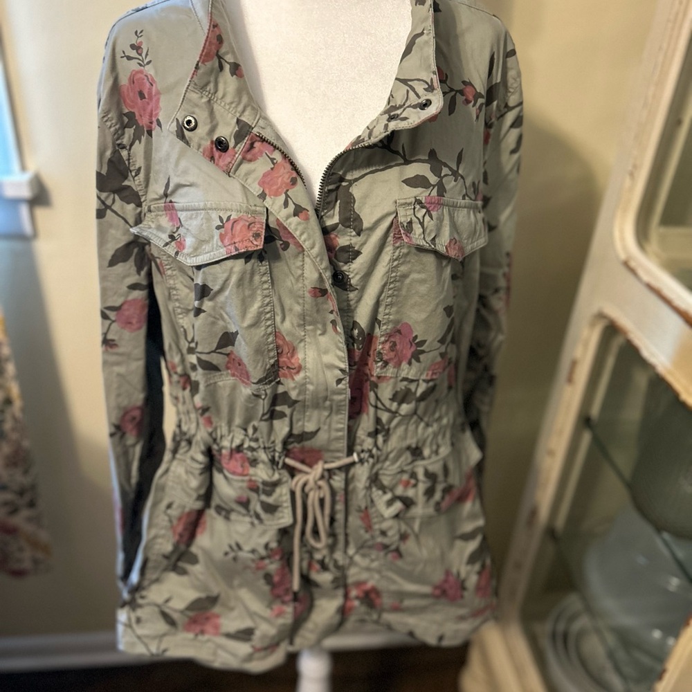 Lane Bryant Floral Trench Coat - Green and Pink